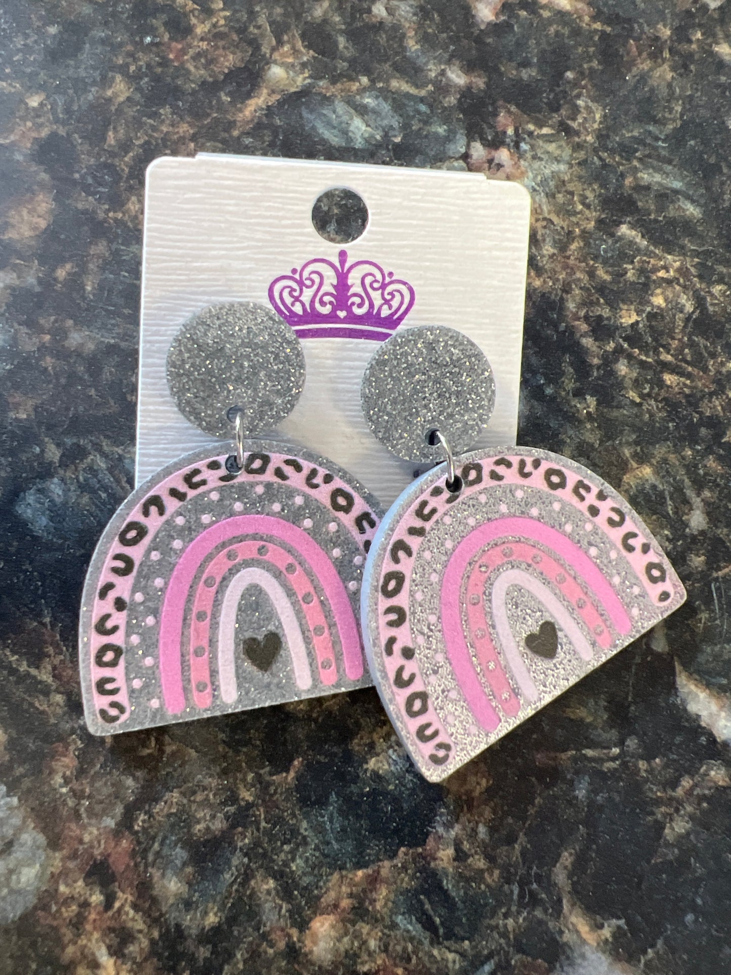 Stud, rainbow shaped earrings, pink animal, print, and silver