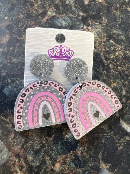 Stud, rainbow shaped earrings, pink animal, print, and silver
