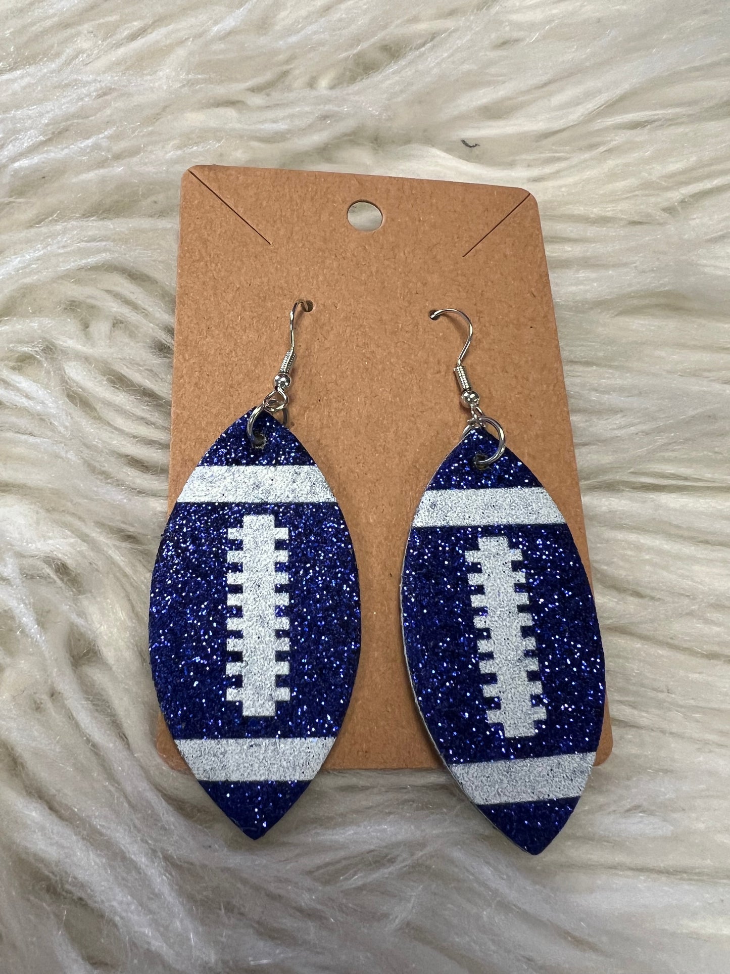 New glitter, faux, leather football earrings blue
