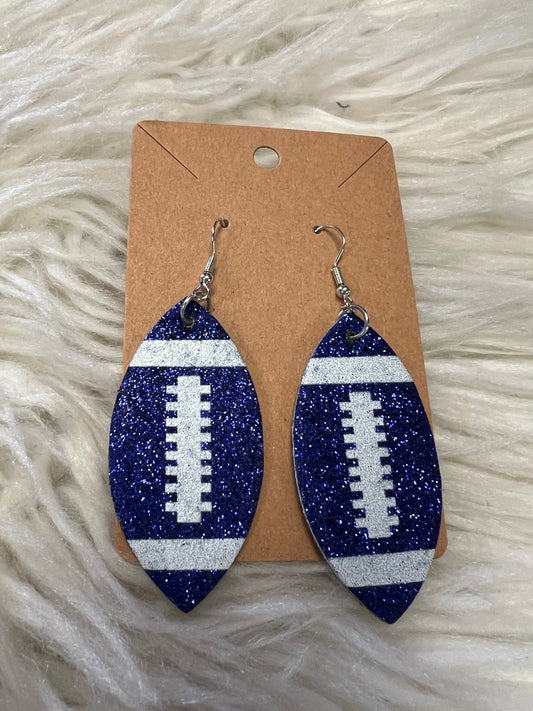 New glitter, faux, leather football earrings blue