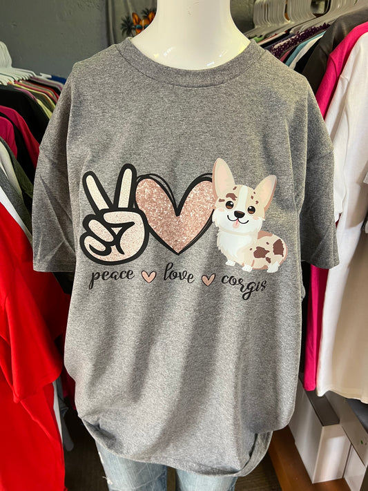 Unisex new T-shirt peace, love corgi Merle