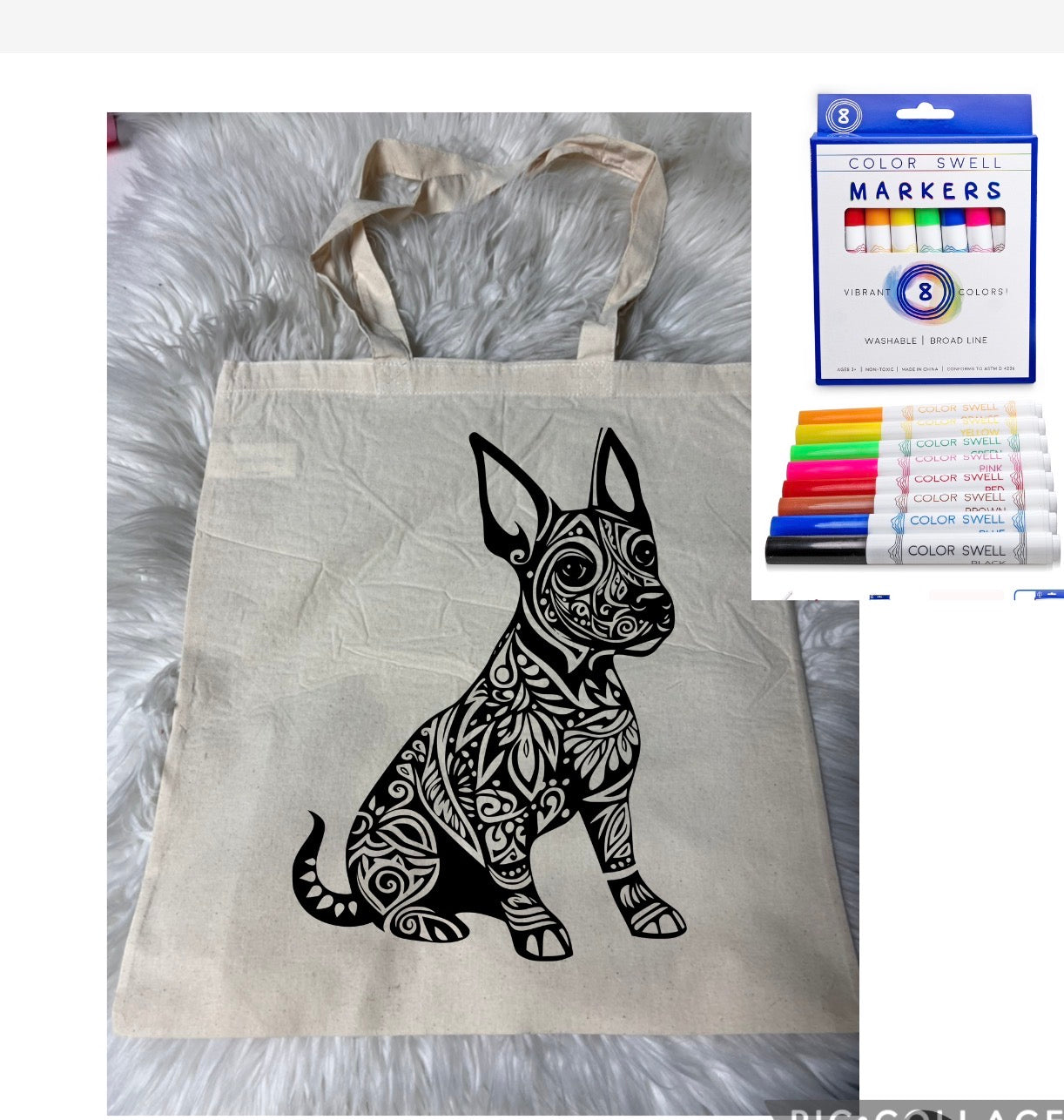 Canvas bag for drawing comes with a pack of markers dog