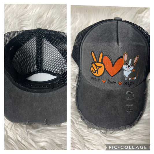 new distressed hat peace, love corgi tri