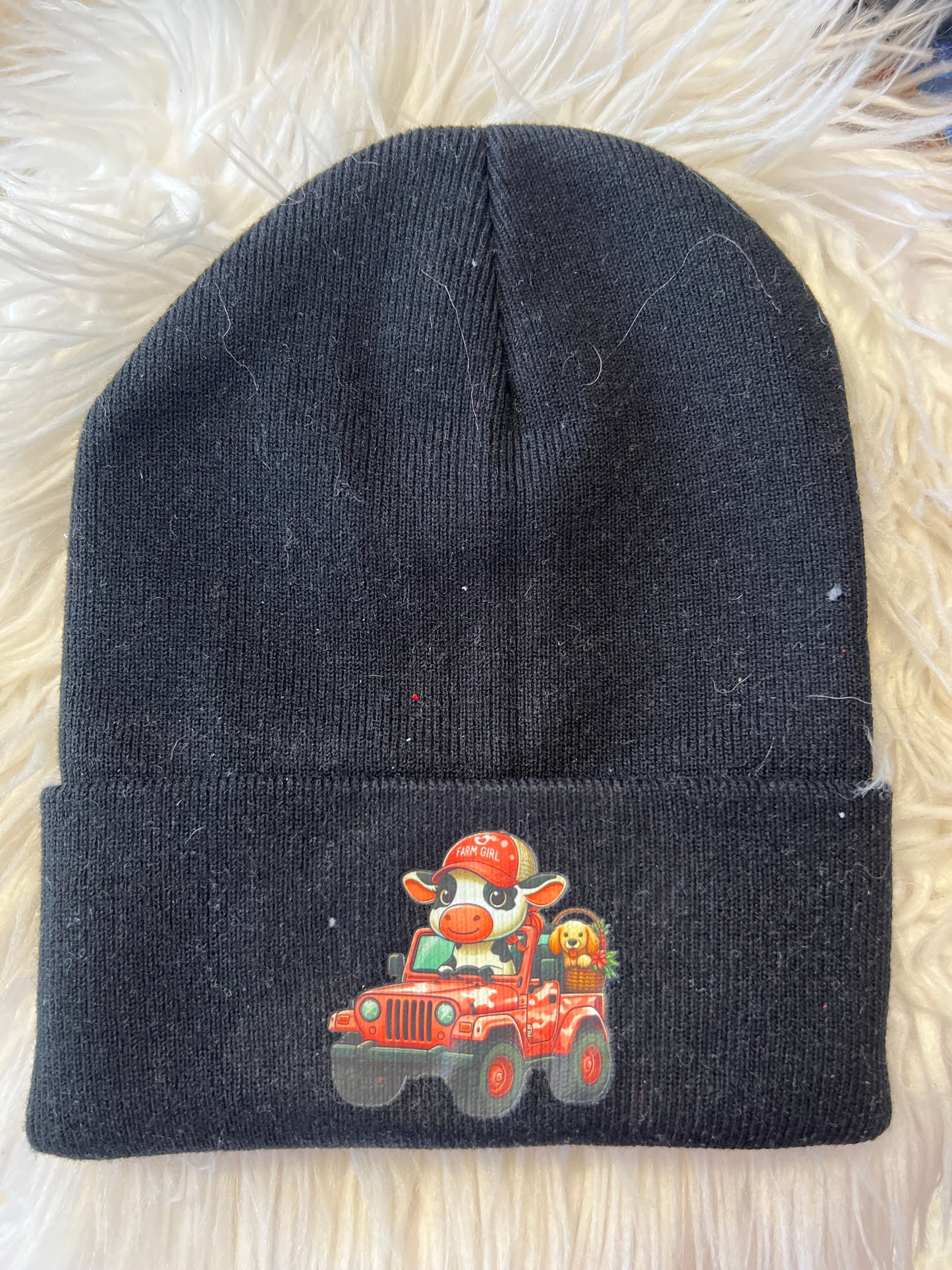 New 4 x 4 beanie pink cow