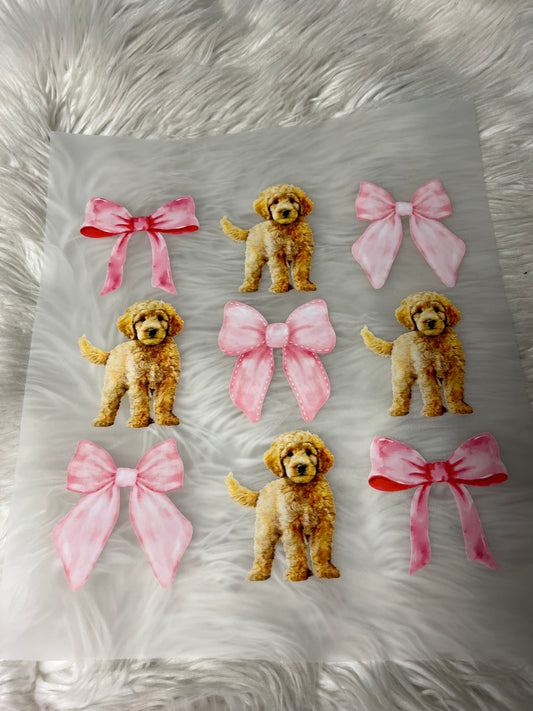 New dtf golden doodle, pink bows