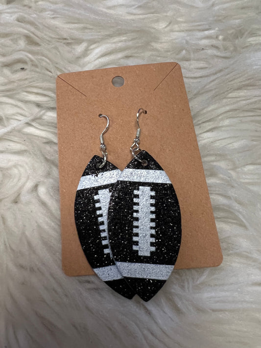 New glitter, faux, leather football earrings black