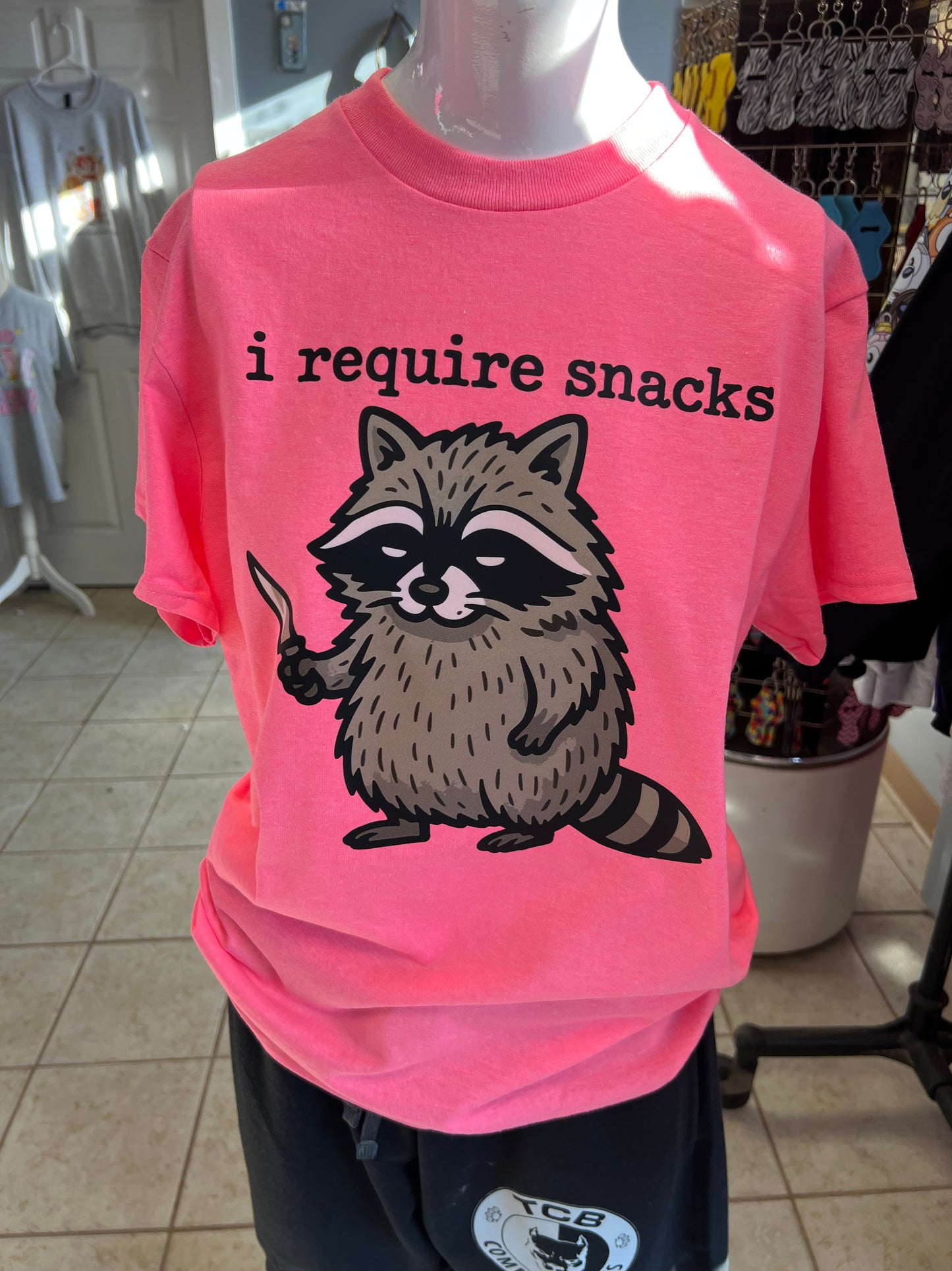 New unisex pink I require snacks raccoon 