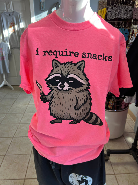 New unisex pink I require snacks raccoon 