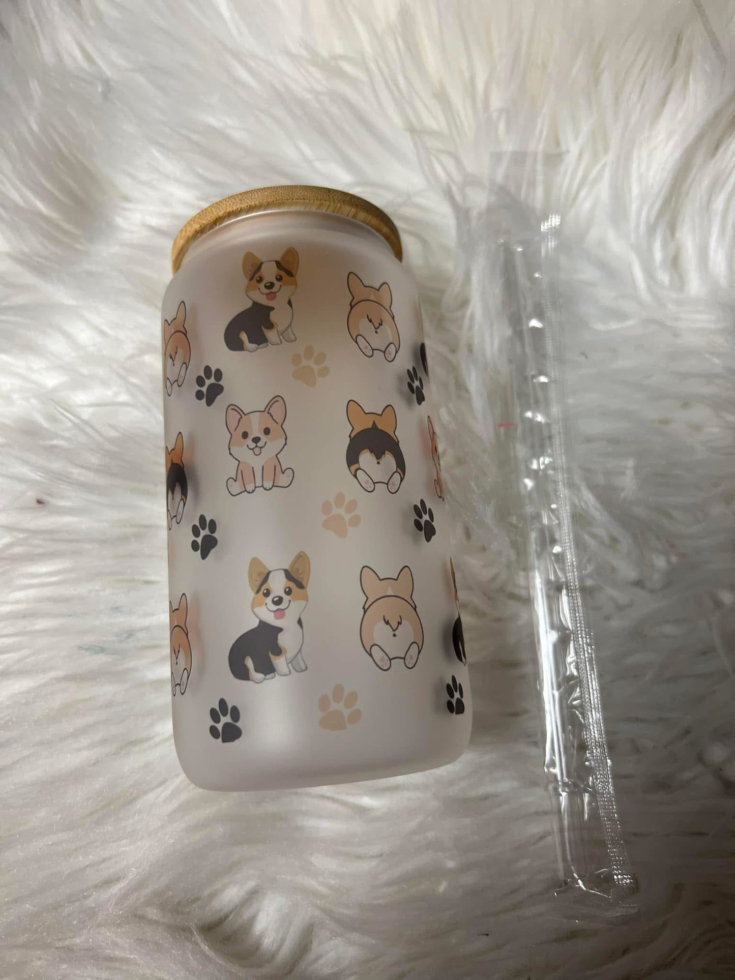 Brand new 16 ounce glass cup with plastic straw corgis