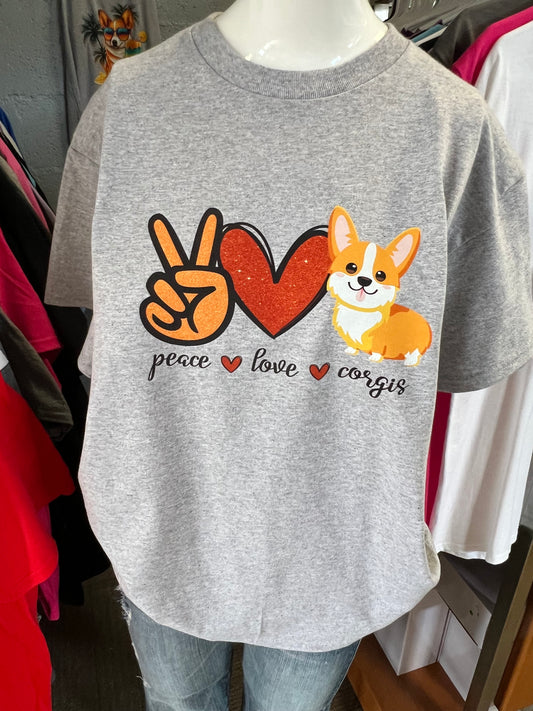 Unisex new T-shirt peace, love corgi red and white