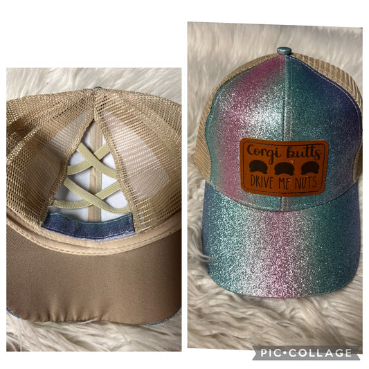 Brand new laser engrave patch hat multicolored glitter corgi butts drive me nuts
