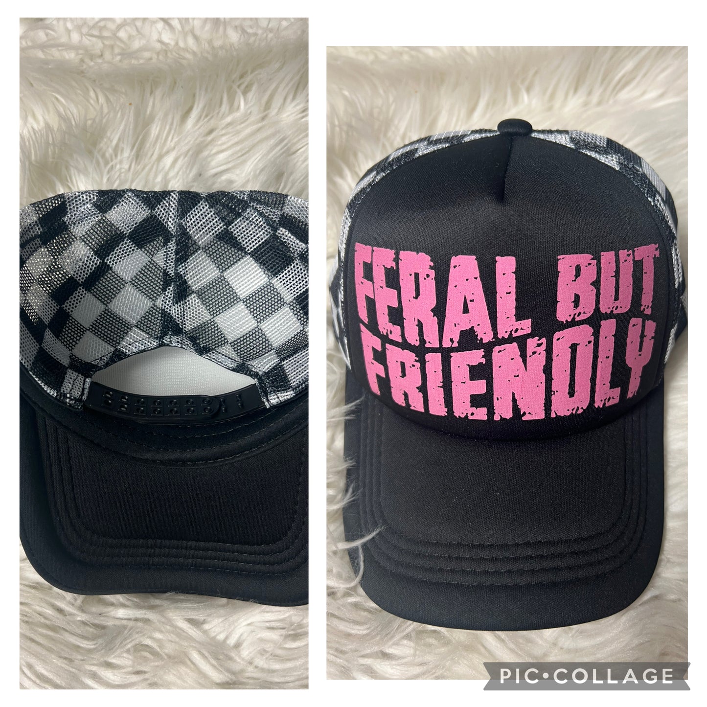 Pink feral but friendly, checkered hat