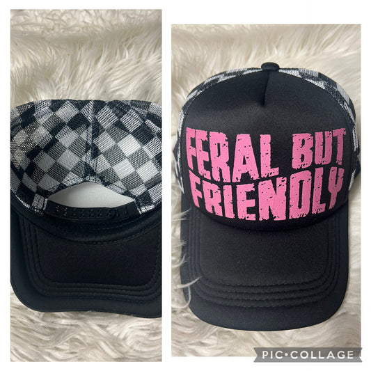 Pink feral but friendly, checkered hat