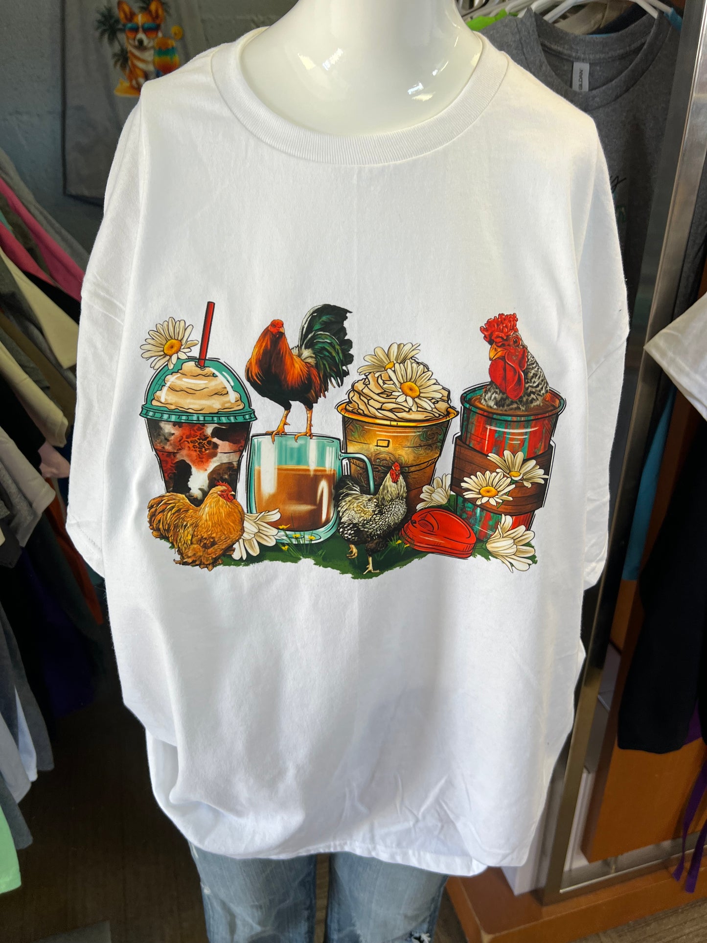 Brand new unisex, Gilden, coffee, T-shirt, farm life chickens