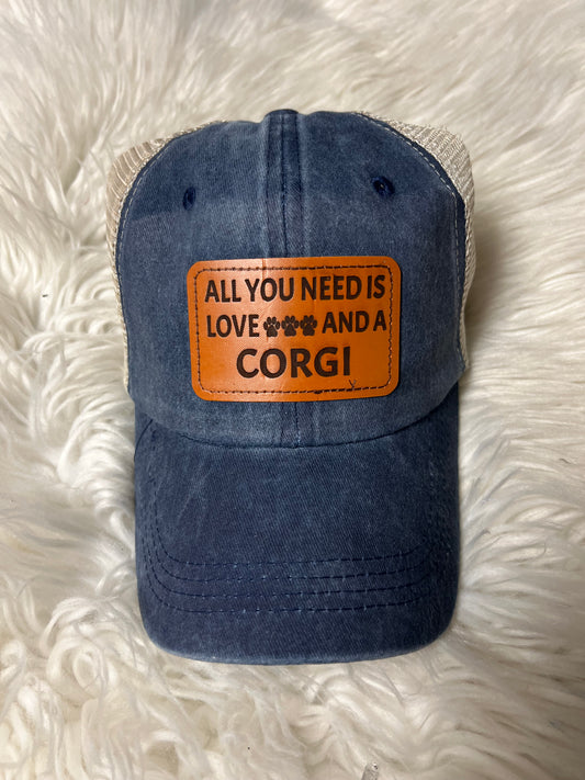 Brand new laser engrave patch hat distress navy blue corgi