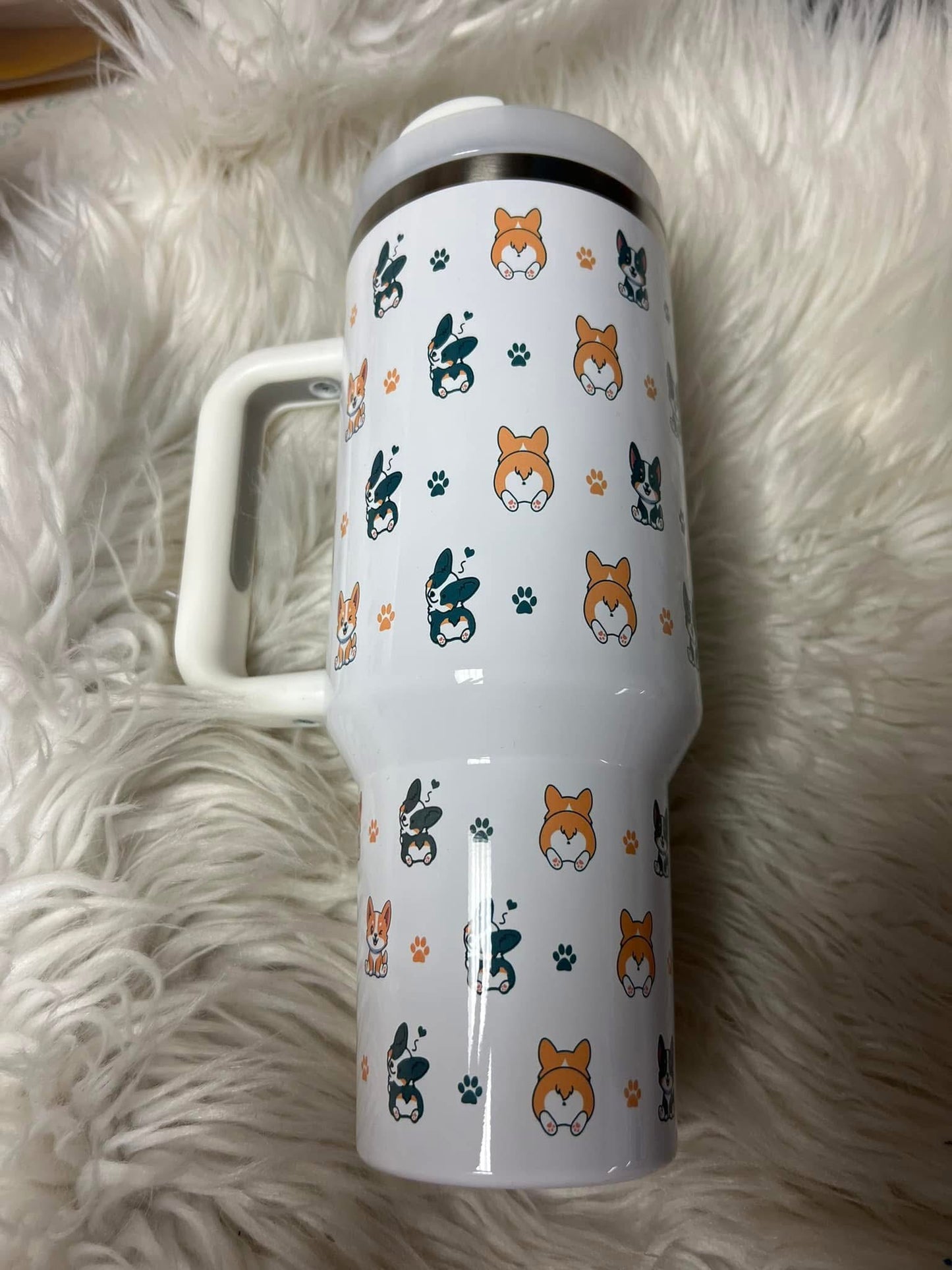 New 40 ounce stainless steel Tumblr with handle corgi red/white and triblend mix with plastic draw