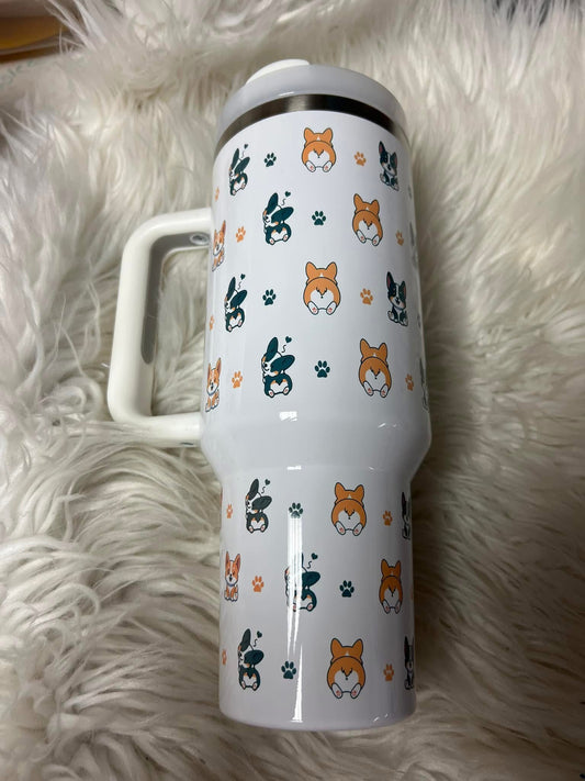 New 40 ounce stainless steel Tumblr with handle corgi red/white and triblend mix with plastic draw