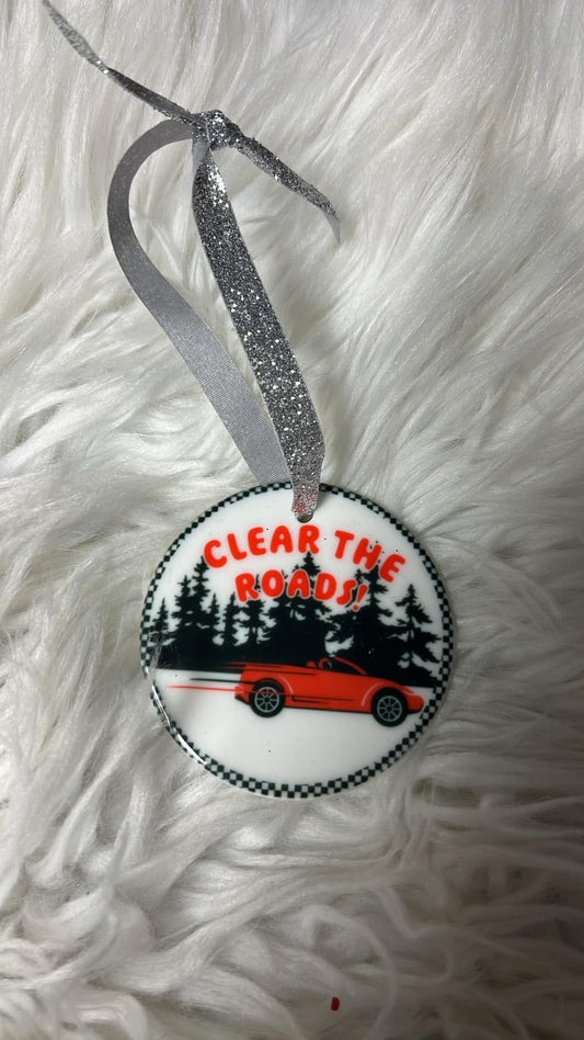 New Christmas ceramic ornament.  Clear the roads. Driving car. 