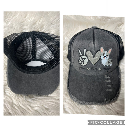 new distressed hat peace, love corgi Merle