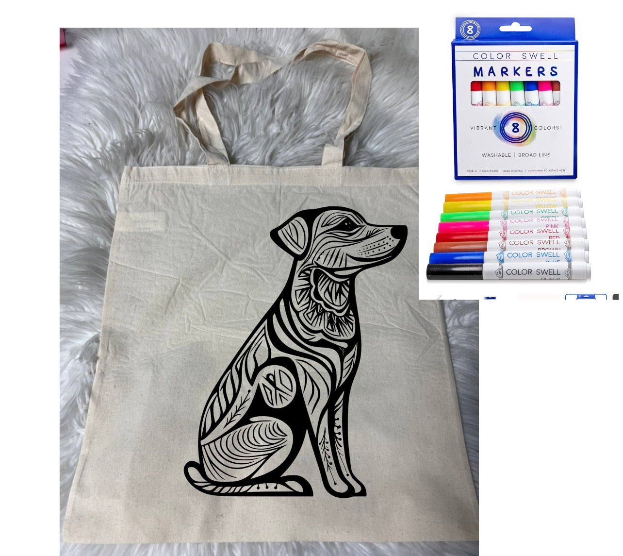 Canvas bag for drawing comes with a pack of markers dog