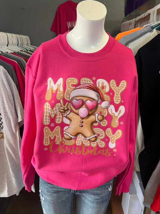 New crewneck sweatshirt unisex gingerbread merry Christmas hot pink