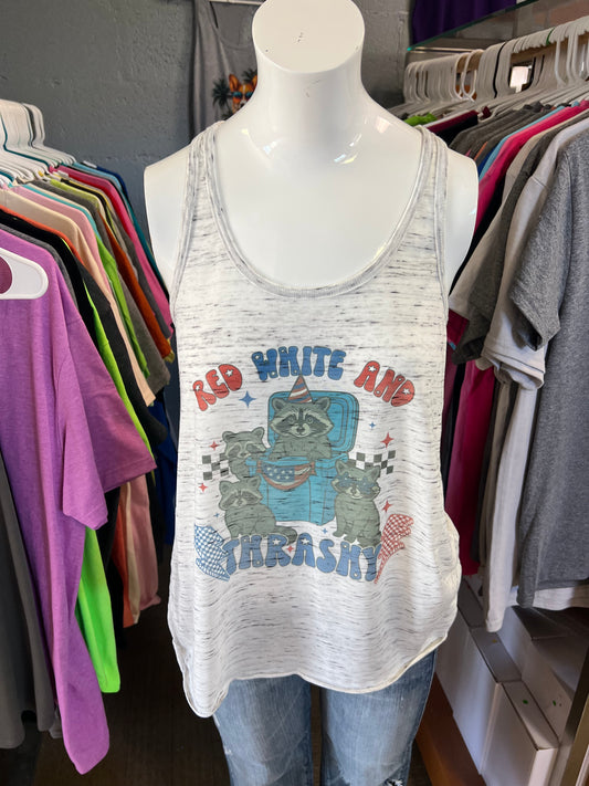 A new ladies, Razorback, Bella, Canvas tank top red, white, and trashy raccoon