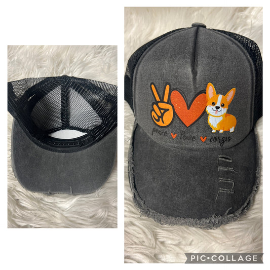 new distressed hat peace, love corgi red/white