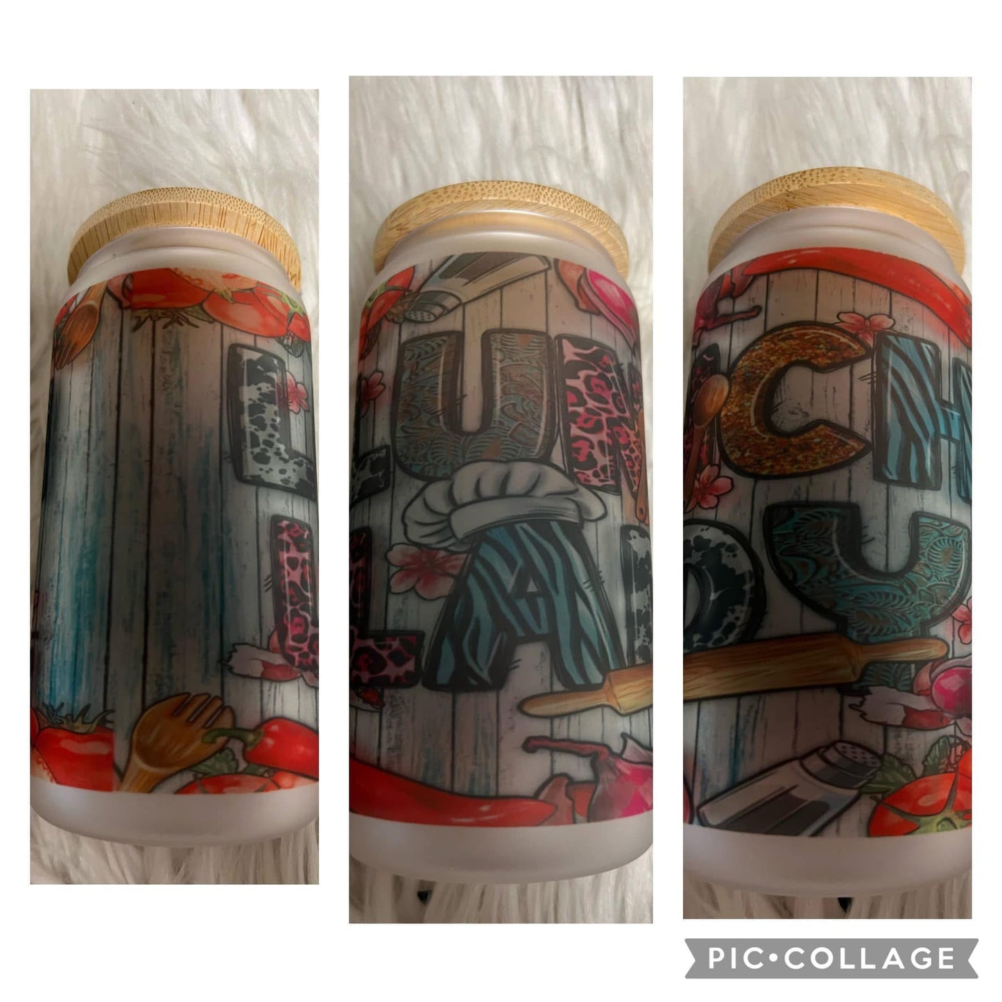 new 16 ounce glass cup with straw lunch lady