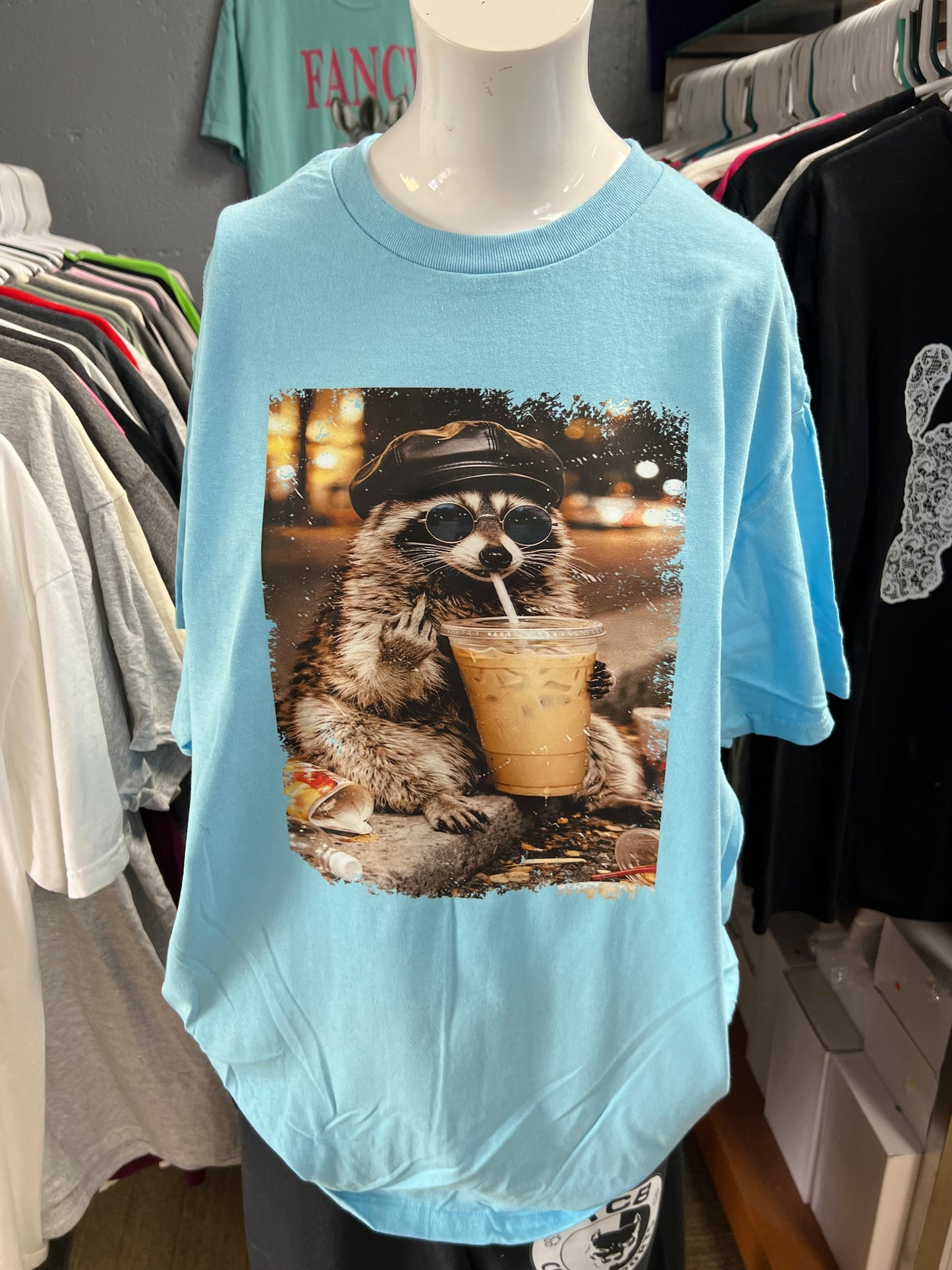 Unisex new T-shirt light blue raccoon coffee 