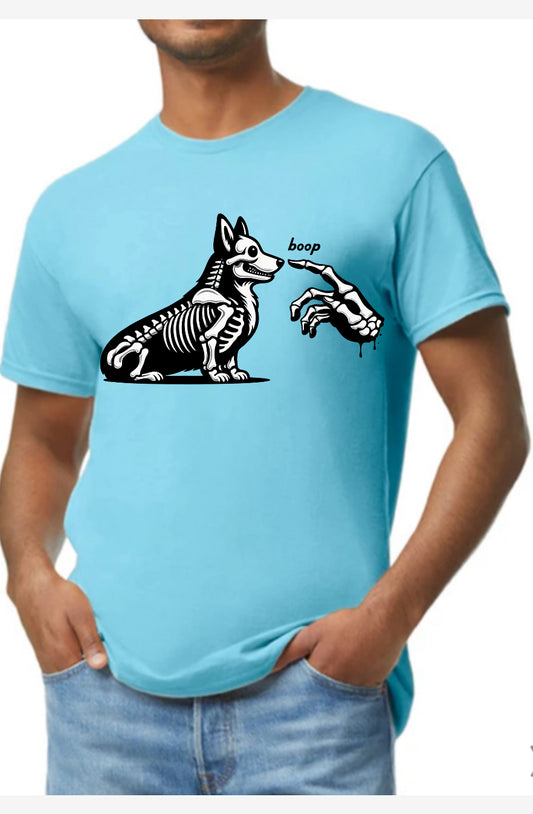 New  unisex T-shirt scary Halloween corgi  skeleton blue