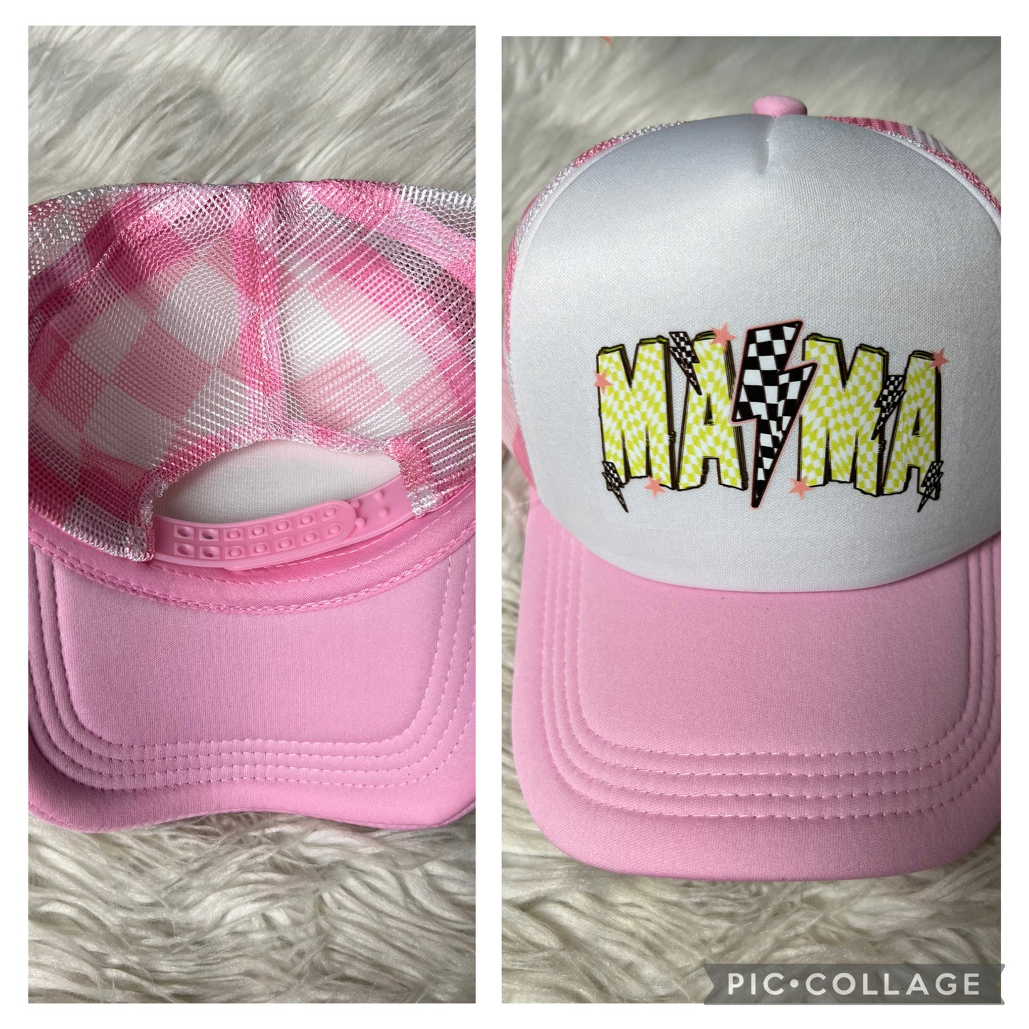 New pink checkered, neon, mama hat