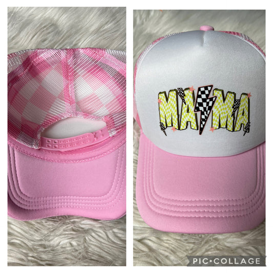 New pink checkered, neon, mama hat