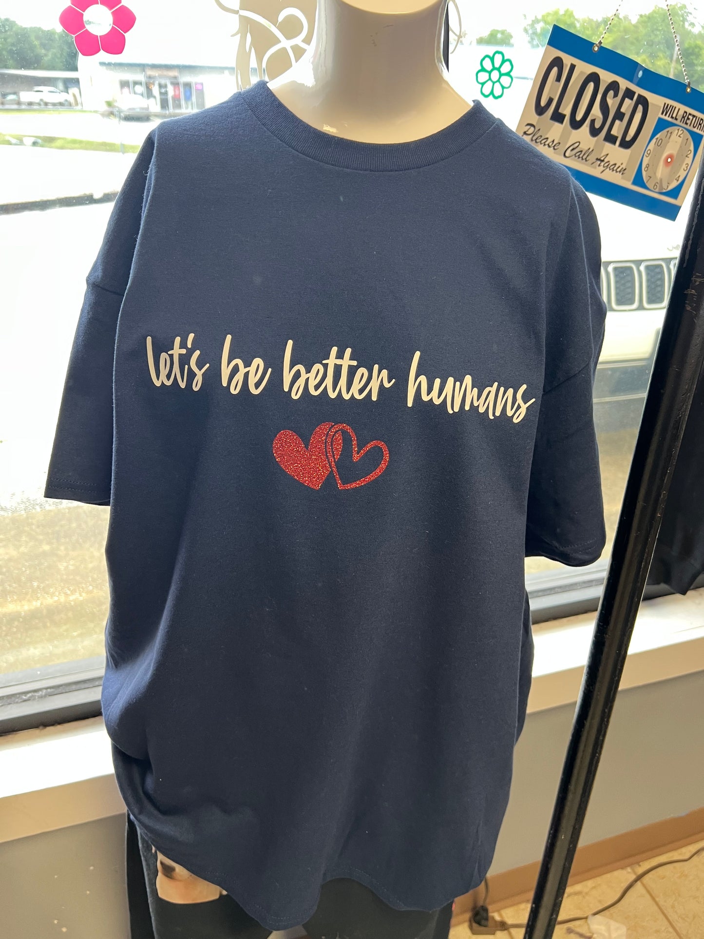 New unisex be a better human navy Top