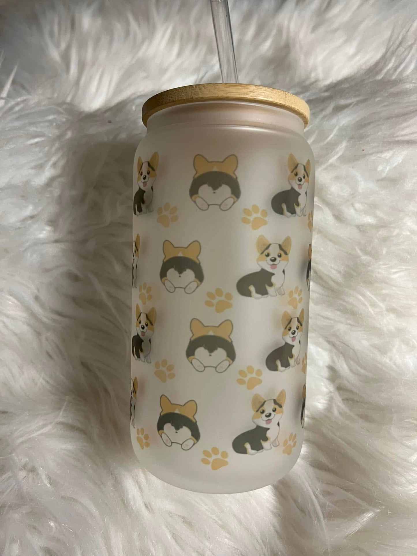 Brand new 16 ounce glass cup with plastic straw corgis
