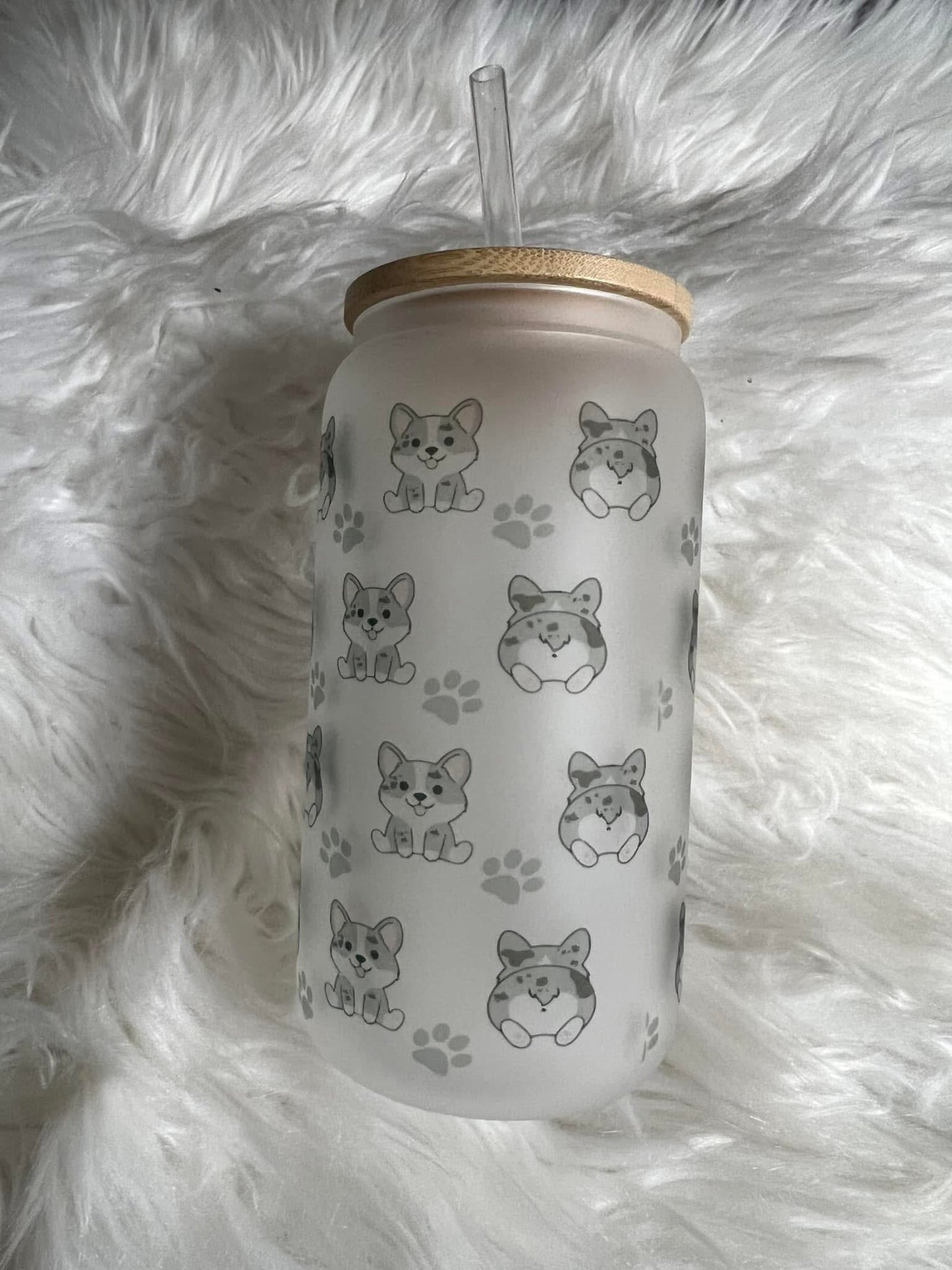 Brand new 16 ounce glass cup with plastic straw corgis