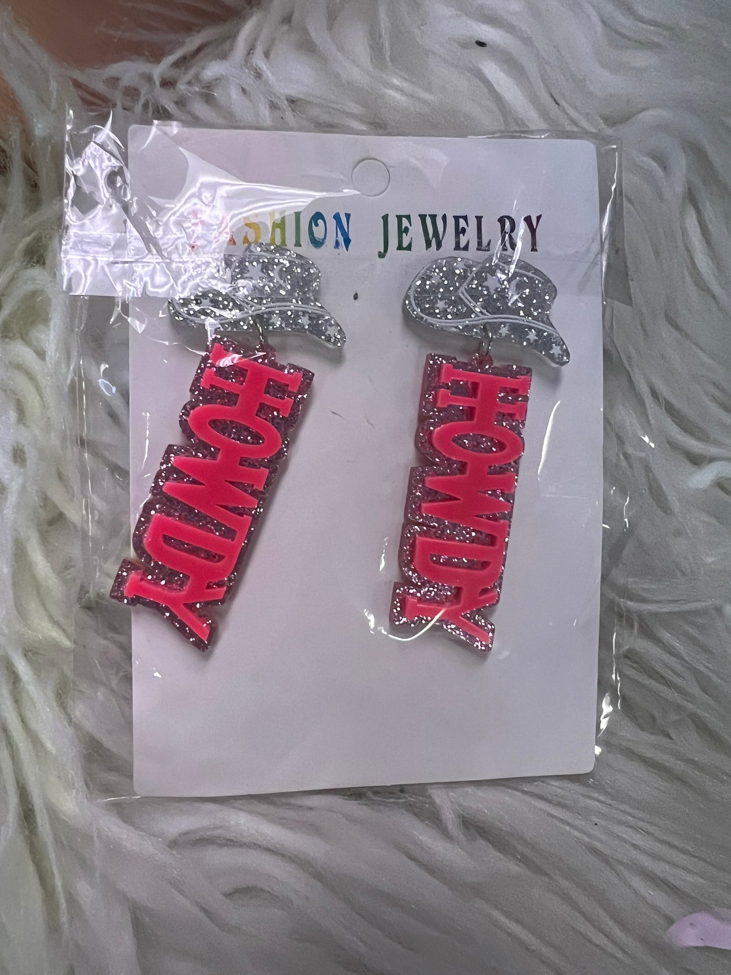 Hot pink glitter, cowboy howdy, stud earrings