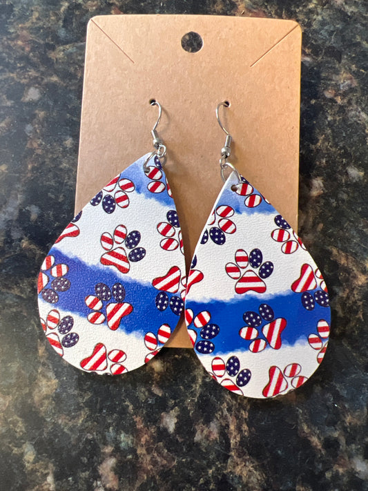 New faux leather earrings, American flag paw print teardrops