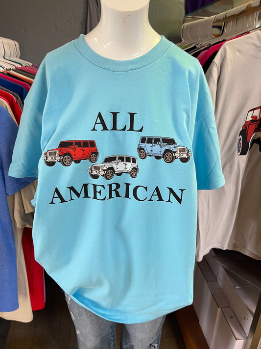 New Gilden unisex blue T-shirt all American 4 x 4 vehicles