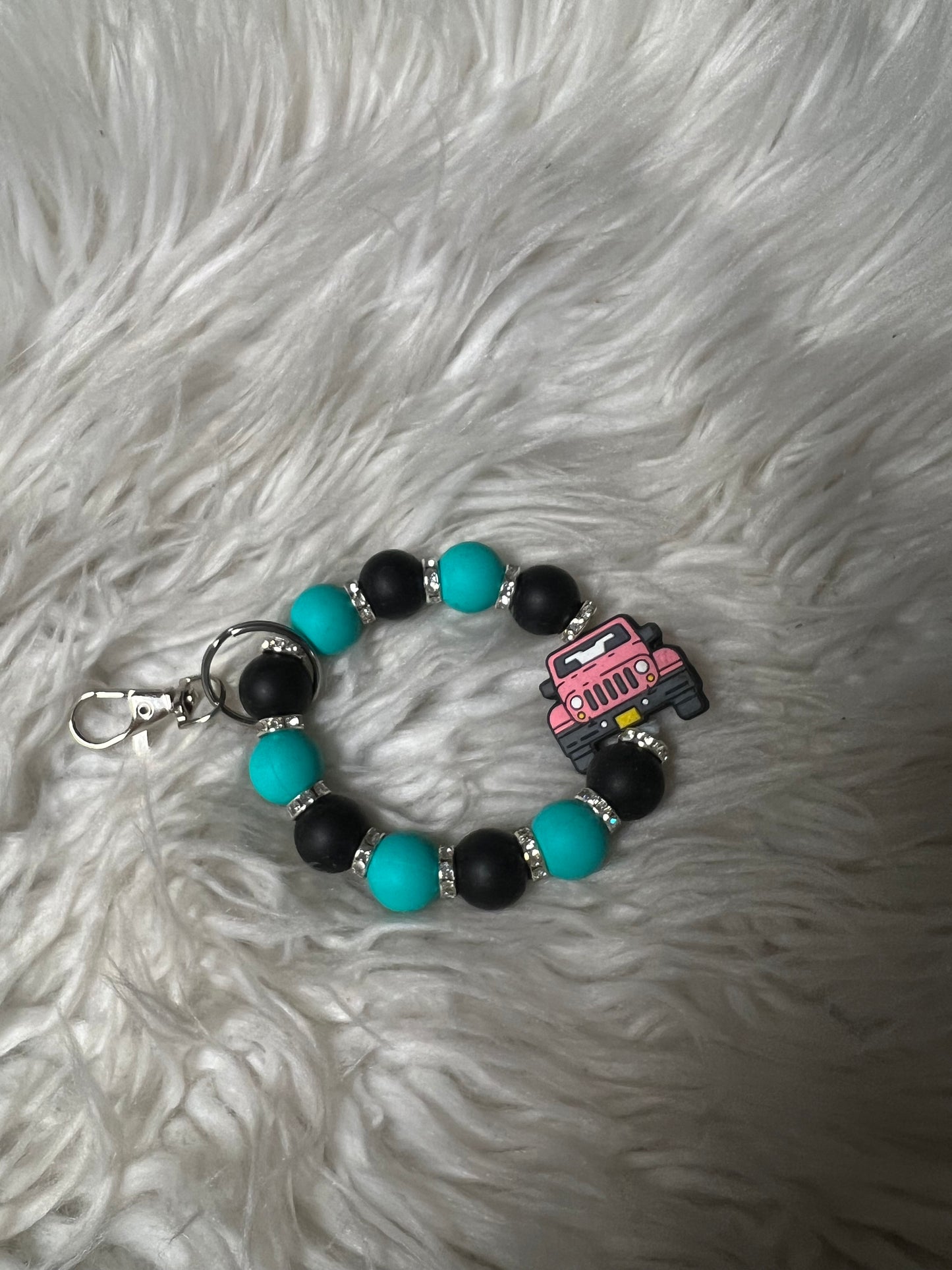 New keychain bracelet road vehicle pink vehicle with black and teal beads