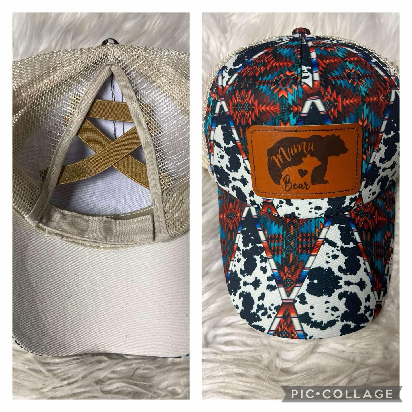 Brand new laser engrave patch hat multicolored, cow, print, mama bear