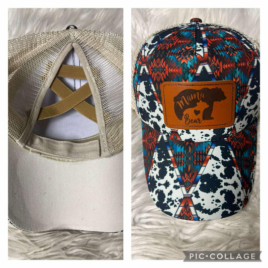Brand new laser engrave patch hat multicolored, cow, print, mama bear
