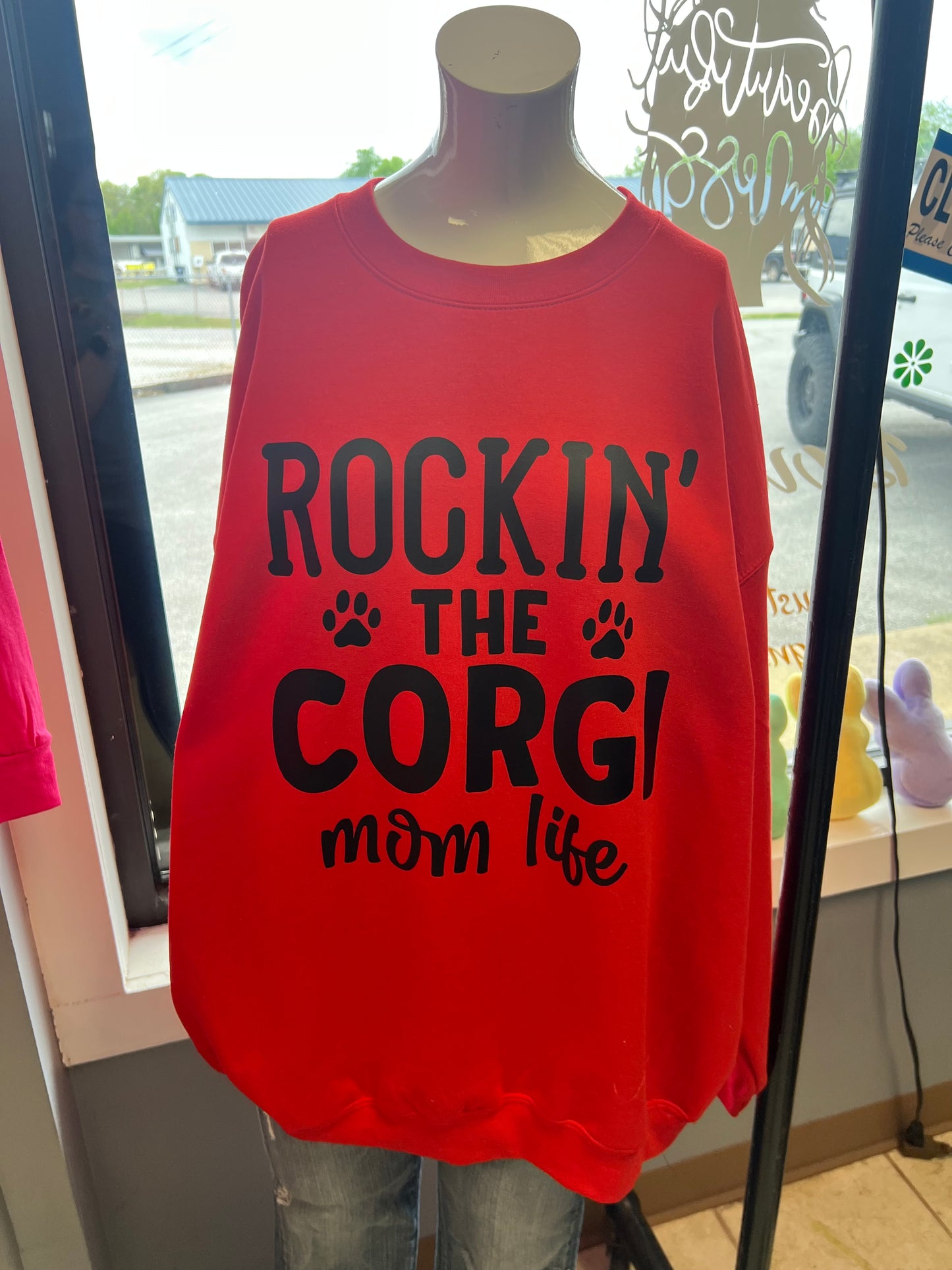 New crewneck sweatshirt, rocking the corgi Mom life Red