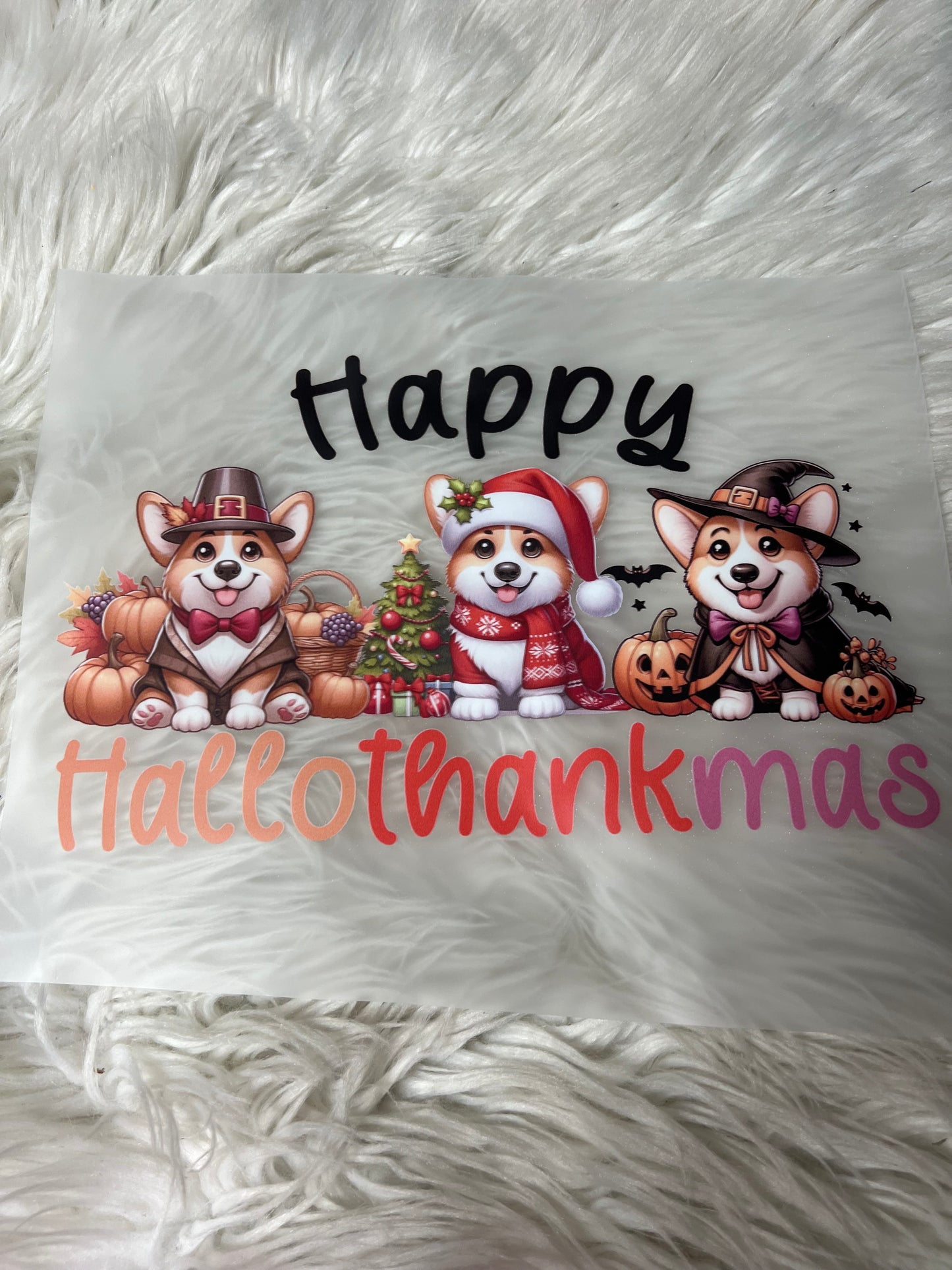 New DTF corgi Halloween, Thanksgiving/Christmas design all in one