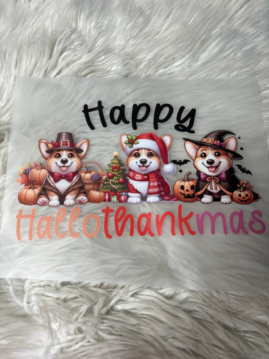 New DTF corgi Halloween, Thanksgiving/Christmas design all in one