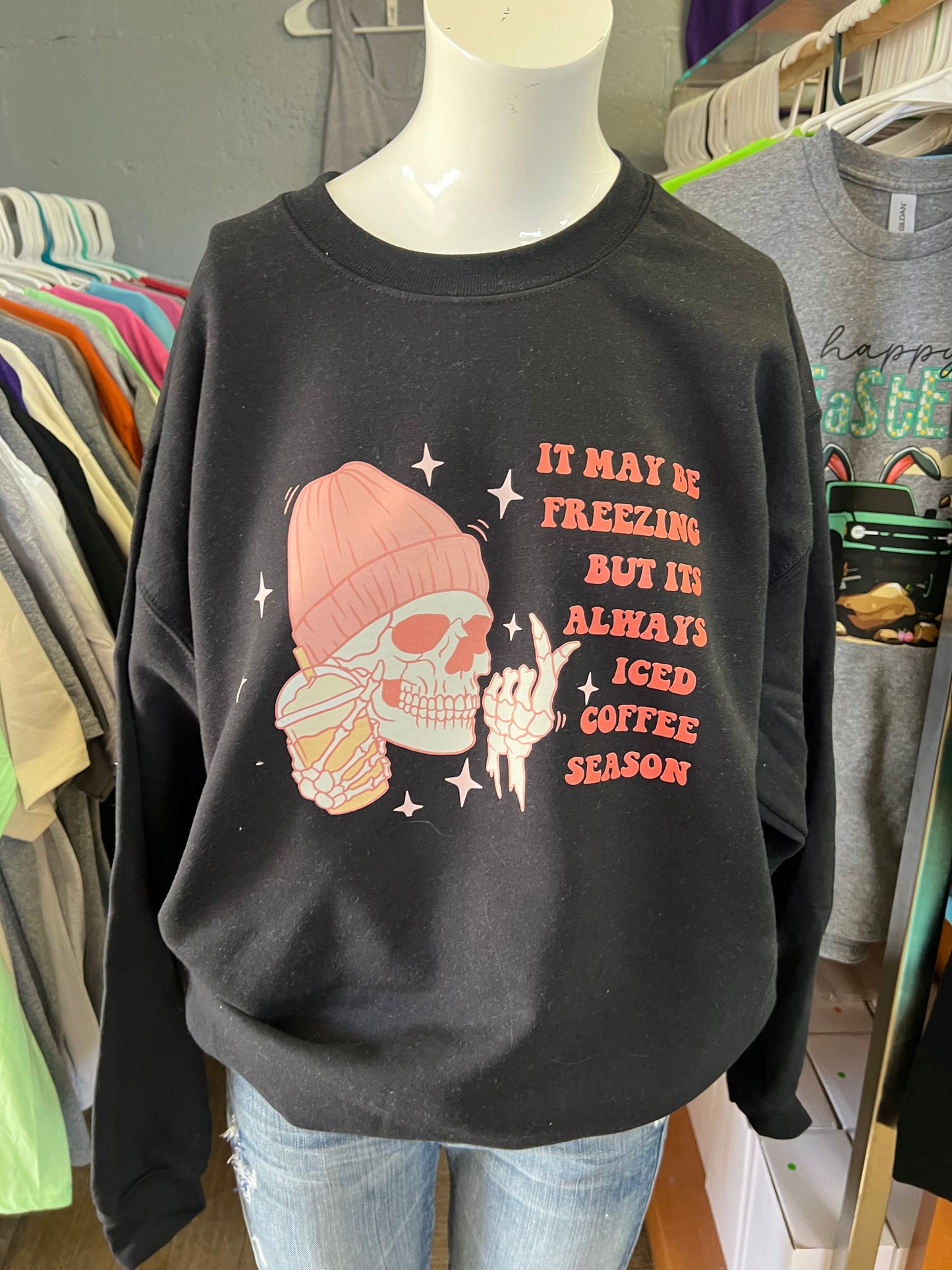 It may be freeze season, but it’s always ice coffee season unisex crewneck sweatshirt