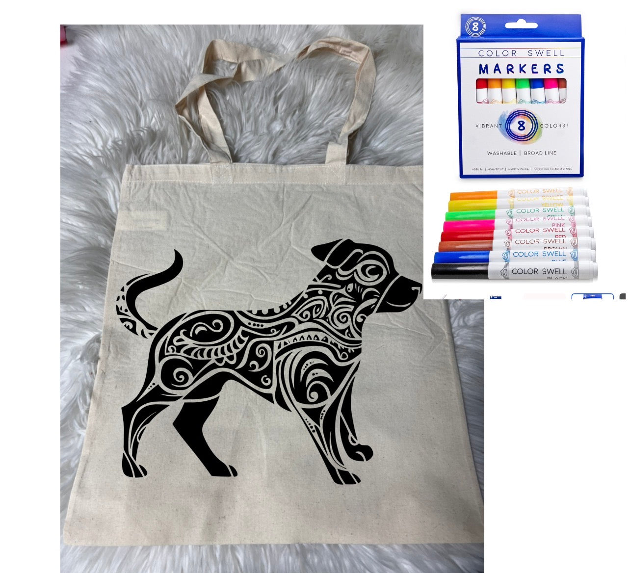 Canvas bag for drawing comes with a pack of markers dog