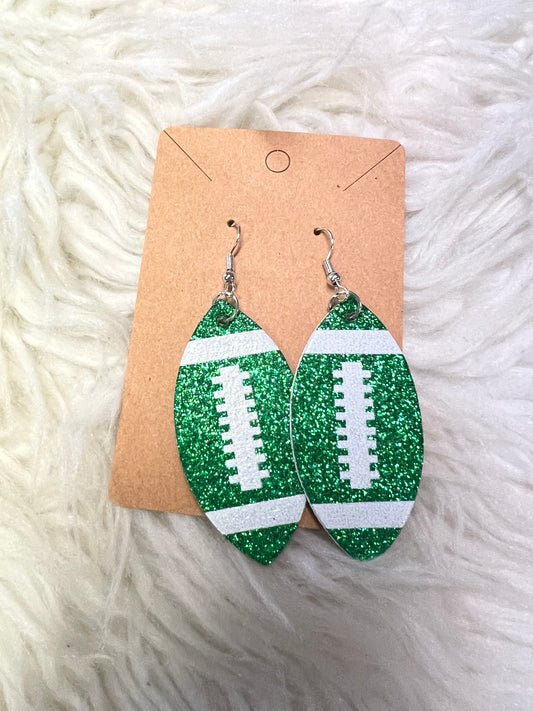 New glitter, faux, leather football earrings green