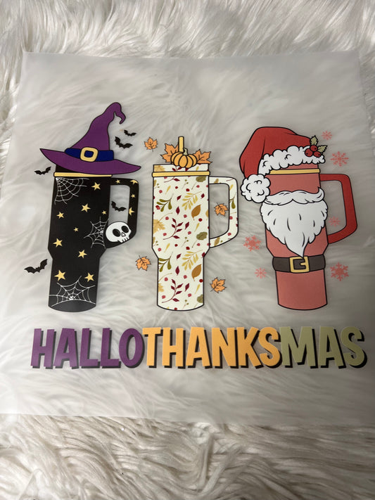New DTF for tumblers with handles Halloween, Thanksgiving/Christmas design all in one