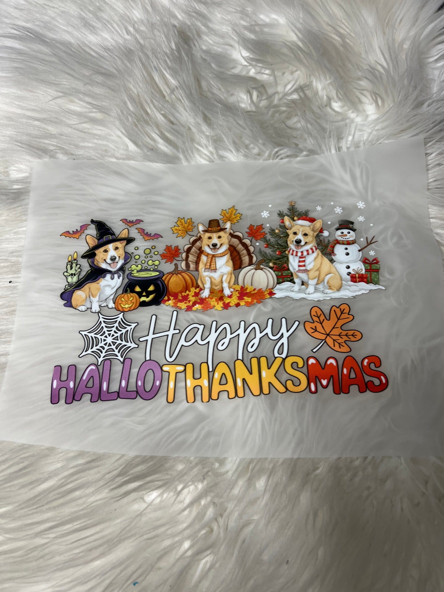 New DTF corgi Halloween, Thanksgiving/Christmas design all in one