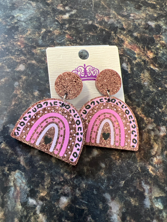 Stud, rainbow shaped earrings, pink animal print